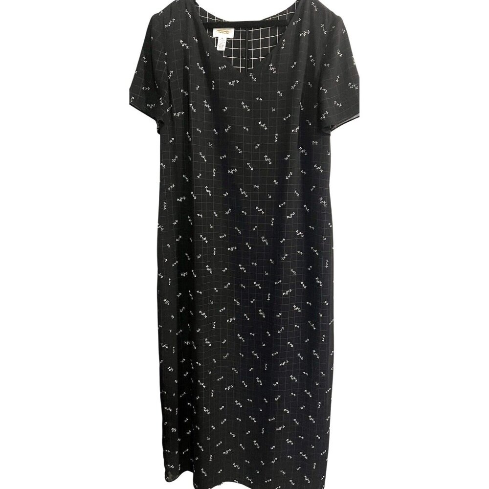 Talbots Maxi Black/White Grid Floral Print Short-Sleeve Dress14 Back-slit 16”